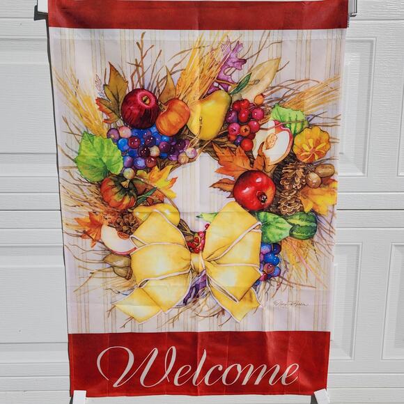 WELCOME Fall Wreath of Fruit Garden Flag Decor 42.5"x29" Mary Jo Recker 2010 - Picture 1 of 4